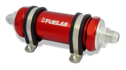 FUELAB - 85811 - 858 Series High Flow In-Line Fuel Filter with Check Valve - -8AN 5in  40 Micron Stainless Steel 85811-2 / SPECIAL ORDER Red on Bleeding Tarmac 