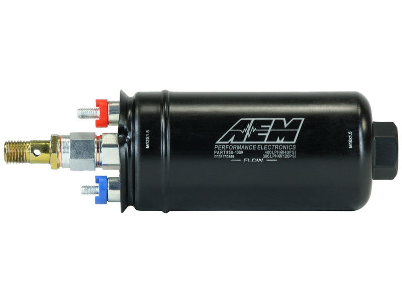 AEM 50-1009 400LPH Metric Inline High Flow Fuel Pump on Bleeding Tarmac