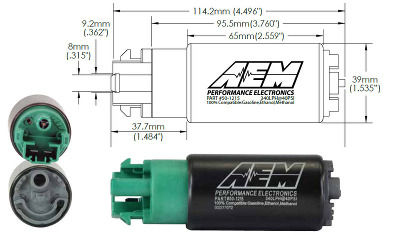 AEM 50-1215 340lph E85-Compatible High Flow In-Tank Fuel Pump (65mm with hooks, Offset Inlet) on Bleeding Tarmac