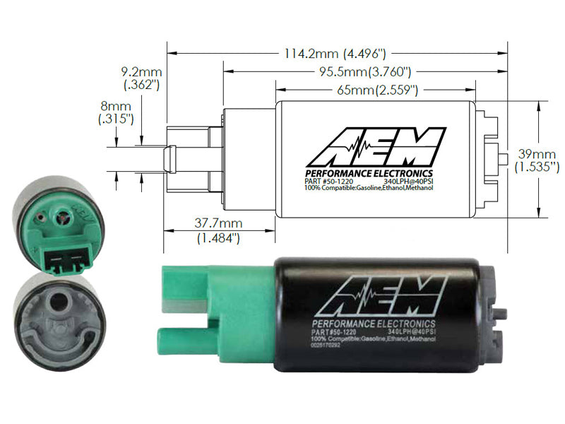 AEM 50-1220 340lph E85-Compatible High Flow In-Tank Fuel Pump (65mm, Offset Inlet) on Bleeding Tarmac