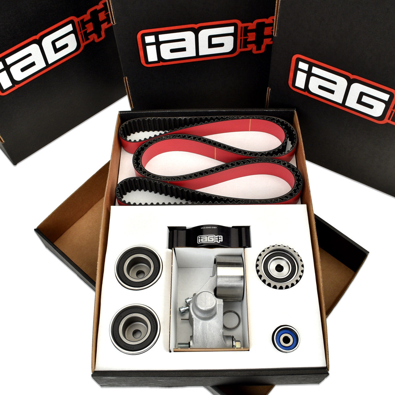 IAG - Timing Belt Kit with IAG Red Racing Belt, Timing Guide, Idlers & Tensioner - 02-14 Subaru WRX, 04-21 STi, 05-12 LGT, 04-13 FXT