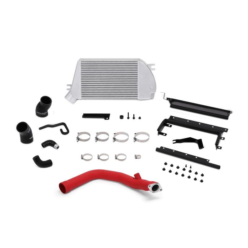 Mishimoto - Performance Top Mount Intercooler and Charge-Pipe Kit - 15-17 Subaru WRX misMMTMIC-WRX-15RSL Silver / Red on Bleeding Tarmac 